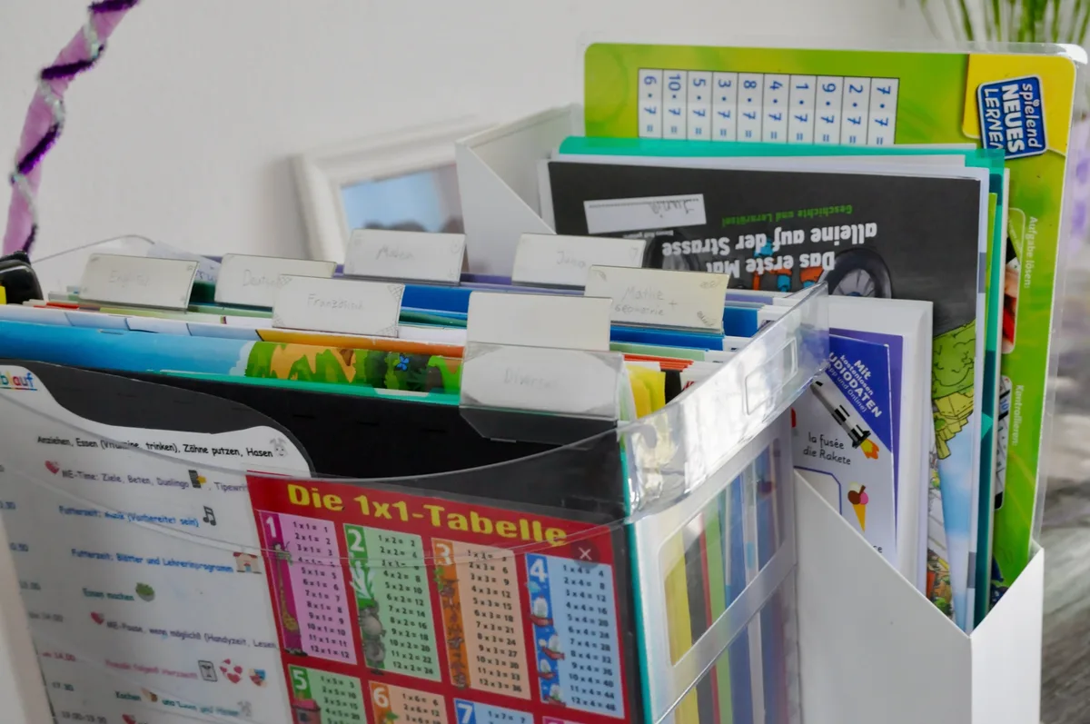 Man sieht Schulmaterial fürs Homeschooling
